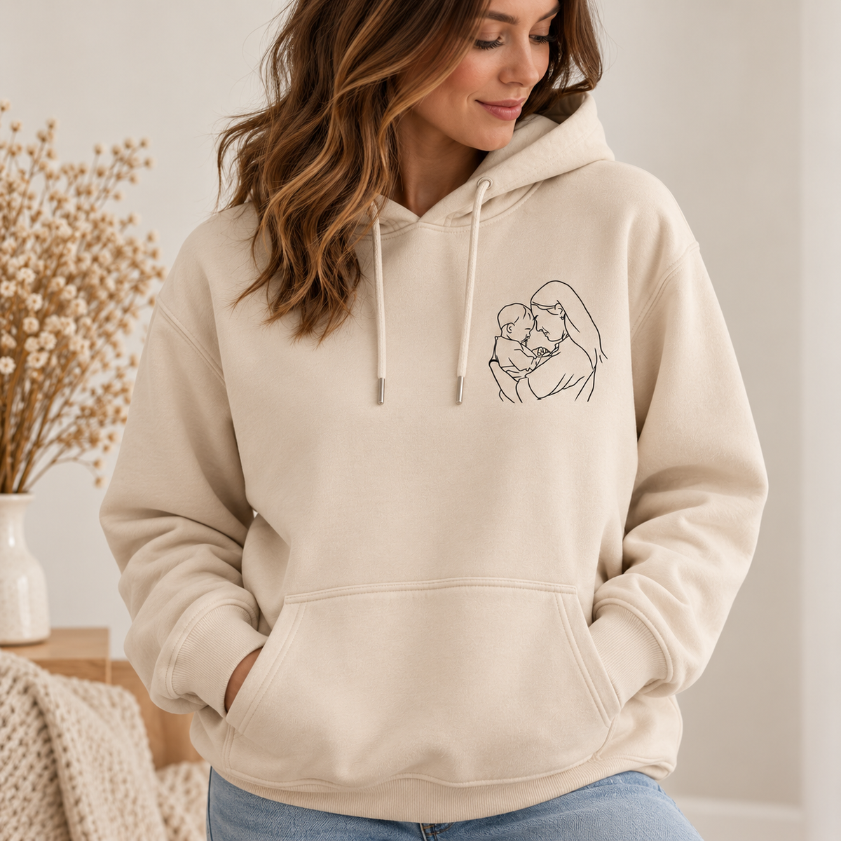 Sweat à Capuche Femme Personnalisé avec Photo – Portrait en Line Art – Hoodie Personnalisable – Cadeau Unique