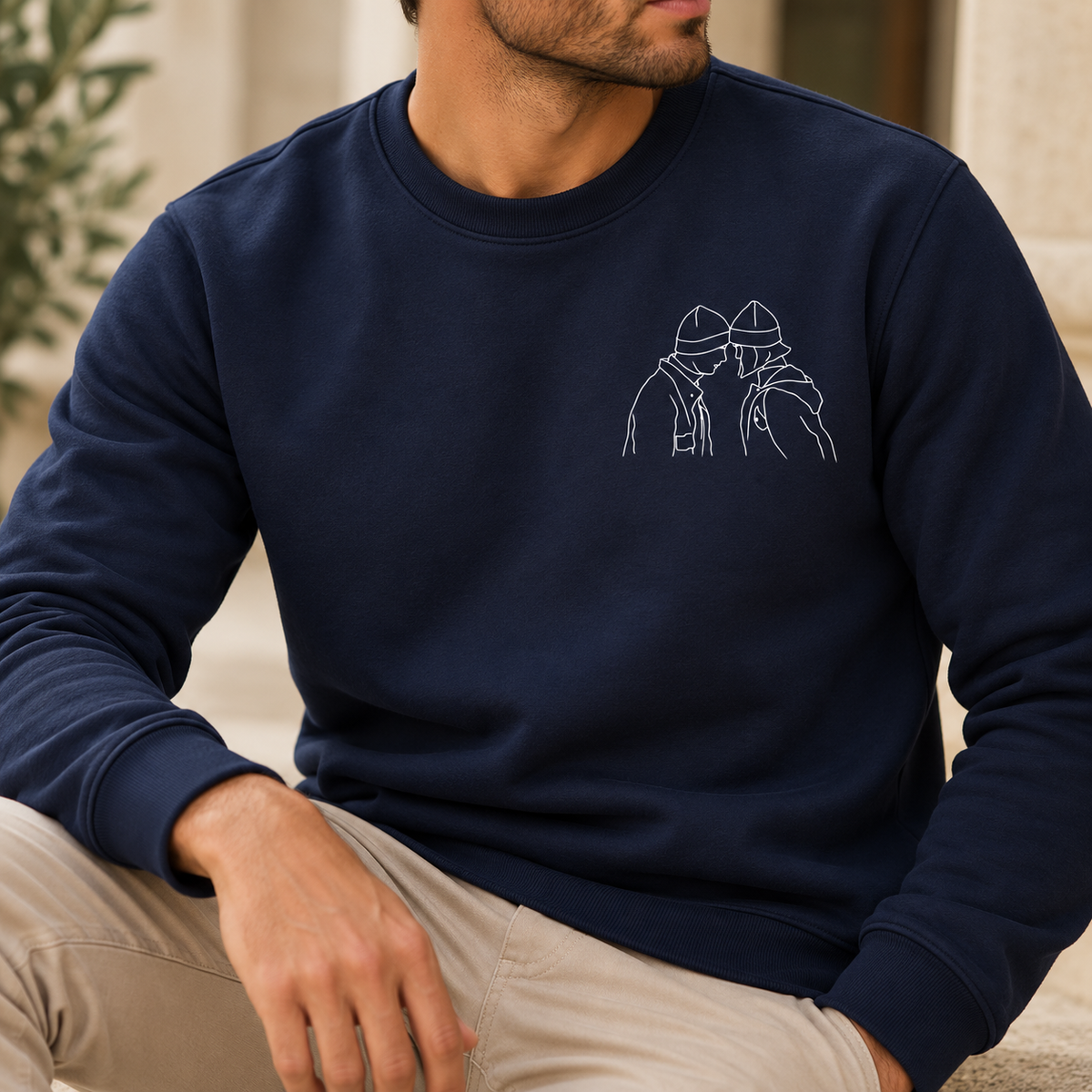 Sweat Homme Personnalisé avec Photo – Portrait en Line Art – Sweat Sans Capuche Personnalisable – Cadeau Unique