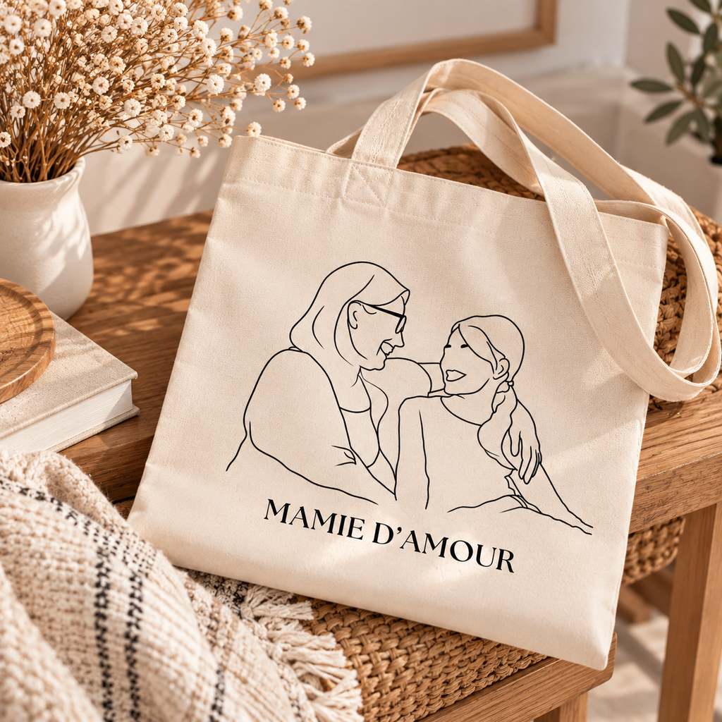 Tote Bag Personnalisé avec Photo – Portrait en Line Art – Sac Cabas Personnalisable – Cadeau Unique
