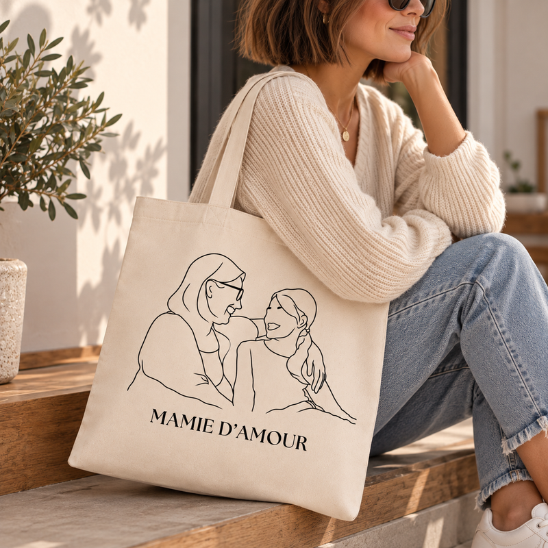 Tote Bag Personnalisé avec Photo – Portrait en Line Art – Sac Cabas Personnalisable – Cadeau Unique